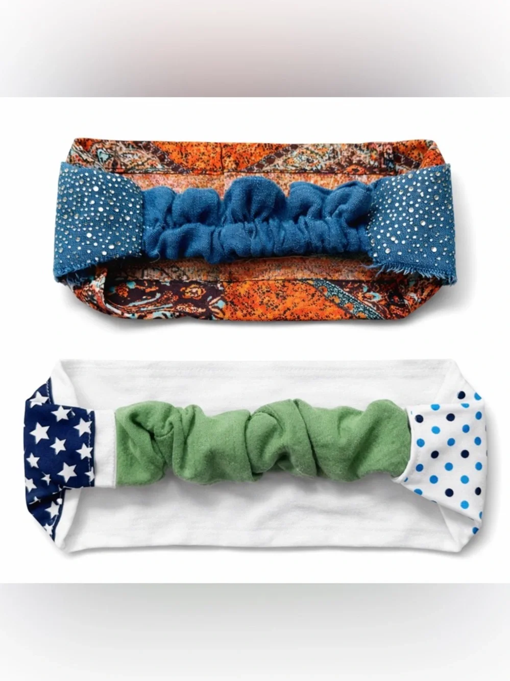 Bohemian Hippie Patchwork Wide Headbands Duo Fits All Rhinestone Cotton Linen